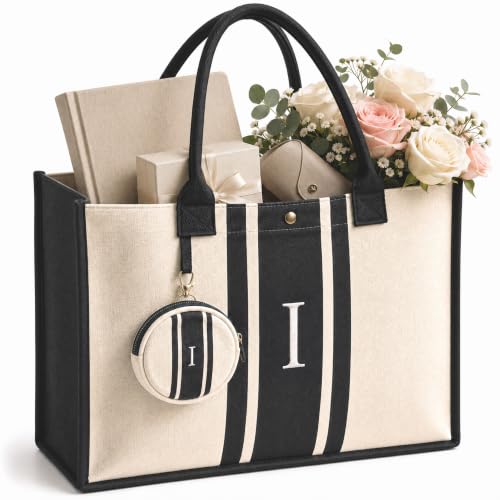 LEAFICO Initial Canvas Tote Bag – Monogrammed Gift for Women | Personalized Letter Tote for Travel Weddings Birthdays - color: I