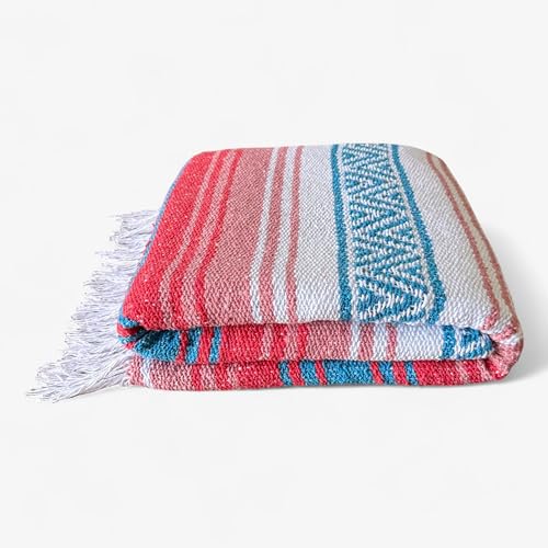Authentic Handwoven Mexican Blanket, Falsa Serape - Soft & Durable - Vibrant Beach, Picnic, Yoga & Camping Mat - Traditional Boho Throw - Outdoor Blanket 70"x50" (Flame) - color: Flame