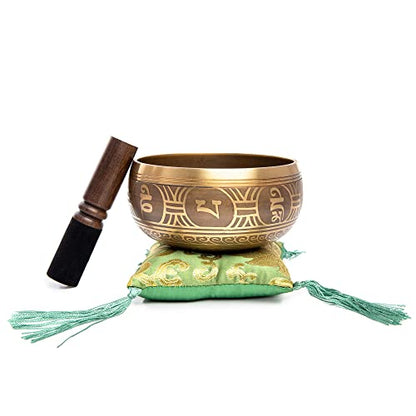 Tibetan Singing Bowl Set - Easy To Play Authentic Handcrafted For Meditation Sound Bowl Chakra Yoga Healing 4 Inches By Himalayan Bazaar (Gold & Green) - color: Gold - Green