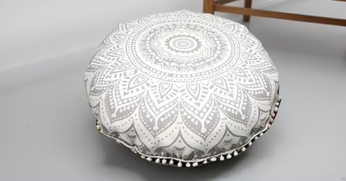 CRAFT KALA 32" in Round Mandala Floor Pillow Cushion Cover Seating Throw Cover Hippie Decorative Bohemian Ottoman Poufs Pillow Cover Cases Boho Cotton Living Yoga Home Décor Room (White Silver Ombre) - color: White Silver Ombre