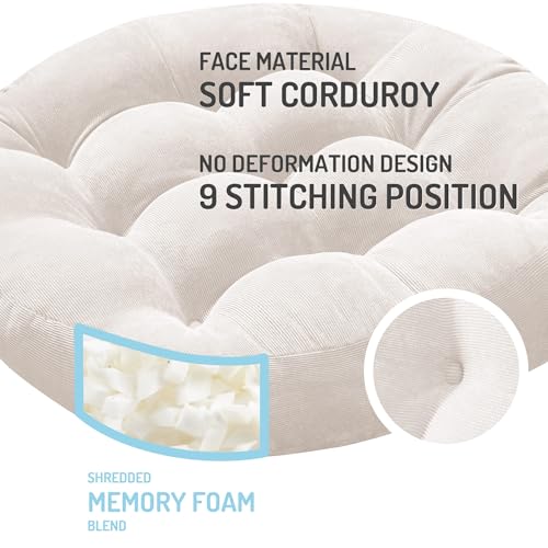 Meditation Cushions Set of 2, Large Floor Pillow for Adults, 22 Inch Round | Reading nook use, Zen relaxation, Tatami seating, Corduroy cover, 3.5 in thick, Shredded memory foam fill, Beige yoga pad - color: Round | Beige | 2 Pack, size: 2 Pack