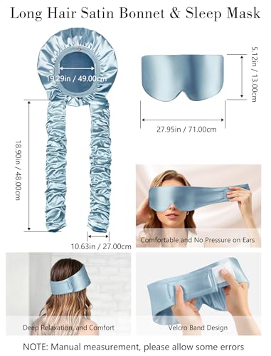 Satin Bonnet for Sleeping with Eye Mask，No Slip Sleep Bonnet with Long Curling Ribbons for Braids & Long Hair - color: Blue