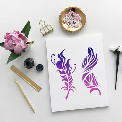 2 Pack Feathers Mandala Stencils for Painting Reusable Plastic Feather Stencil for Painting on Wall Wood Furniture Fabric Canvas, DIY Craft Stencil - style: Feathers