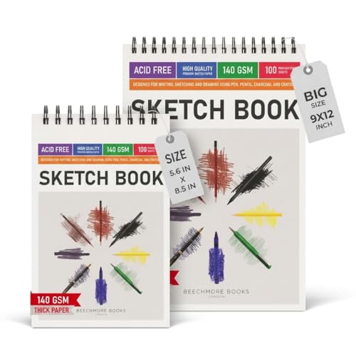 BEECHMORE BOOKS A4-9"x12" & A5-5.6"x8.5" Spiral Sketchbook - 100 Perforated Sheets 140 GSM Acid-Free White Paper, Professional Artist Sketch Pad, Art Supplies for Adults Students Drawing Notebook