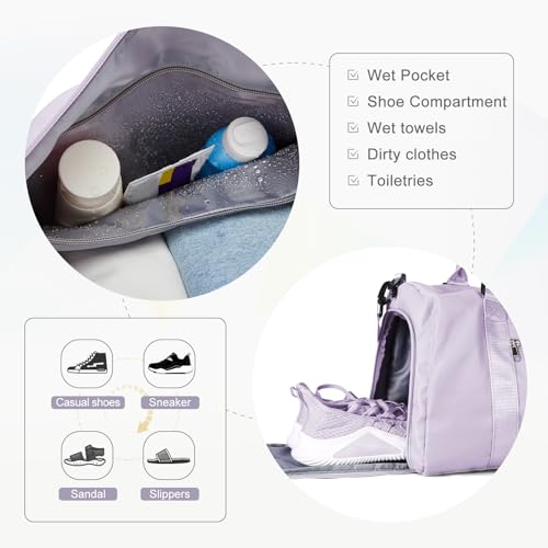 Gym Bag for Women Men with Shoes Compartment,Sports Duffle Bag Personal item travel Duffel Bags Tote Bag Small Carry on Weekender Overnight Bag Workout Dance Bag Hospital Holdalls Light Purple - color: A13-Light Purple