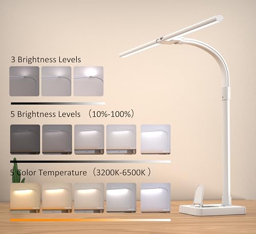 Double Head LED Desk Lamp, Architect Desk Lamps for Home Office, 24W Brightest Workbench Office Lighting-5 Color Modes and 5 Dimmable Eye Protection Modern Desk Lamp (White-Desktop, Big) - color: White-Desktop