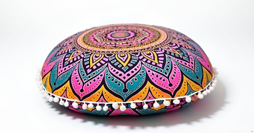 CRAFT KALA 22" Round Mandala Boho Pillow Cover Meditation Room Seating Poufs Cover for Living Room Yoga Room Home Bedroom Balcony Garden Party Decoration Cotton Floor Cushion Cover 22", New Pink Ombre - color: New Pink Ombre, size: 22"