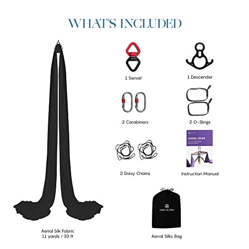 Aerial Silks Yoga Hammock Kit, 11 Yards, Hardware and Swivel | Knitted fabric with swivel and guide, portable carry bag included, for aerial yoga, gymnastics and home gym practice - color: Black