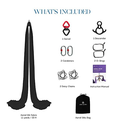 Aerial Silks Yoga Hammock Kit, 11 Yards, Hardware and Swivel - color: Black