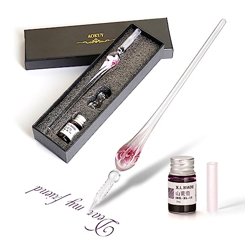 Glass Dip Pen Set,Calligraphy Pen,Crystal Signature Pen for Art, Writing, Signatures -Decoration and Business Gift - color: safflower
