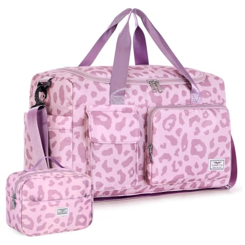 FIORETTO Women's Gym Duffle Bag with Shoes Compartment, 30L Capacity, Ideal for Travel, Gym, Sports, Duffel, Weekender - color: Leopard Pink, style: Gym Bag With Toiletry Bag