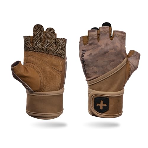 Harbinger Pro Wristwrap Gloves 3.0 - Enhanced Grip, Superior Wrist Support, Breathable 4-Way Stretch Lycra, Durable Leather Palm, Half-Finger Design for Weightlifting, Fitness Training, Women's - color: Tan Camo, size: Large