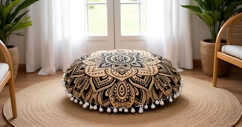 32" Black Gold Mandala Barmeri Large Floor Pillow Cover Cushion Meditation Seating Ottoman Throw Cover Hippie Decorative Zipped Bohemian Pouf Ottoman Poufs, Pom Pom Pillow Cases - size: 32" x 32" (Pack of 1), style: Bohemian