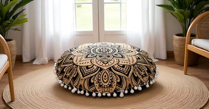 32" Black Gold Mandala Barmeri Large Floor Pillow Cover Cushion Meditation Seating Ottoman Throw Cover Hippie Decorative Zipped Bohemian Pouf Ottoman Poufs, Pom Pom Pillow Cases - size: 32" x 32" (Pack of 1), style: Bohemian