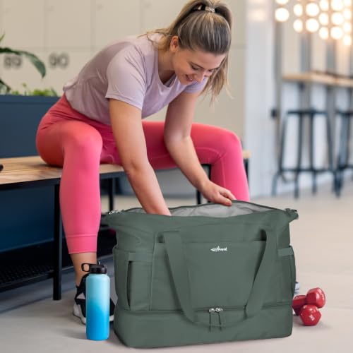 Gym Bag for Women, 45L Carry On Travel Duffel Bag with Shoes Compartment - color: Dark Green, size: Large