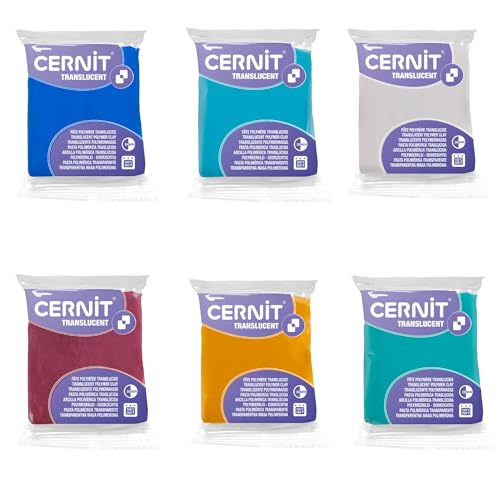 CERNIT CE9256275AMZC - Set of 6 Translucent Polymer Clay Doughs - Modelling Baking Clay - 6 x 56 g Blocks (Sapphire, Turquoise, Ruby, Emerald, Amber and White) - color: Sapphy, turquoise, ruby, emerald, amber, white