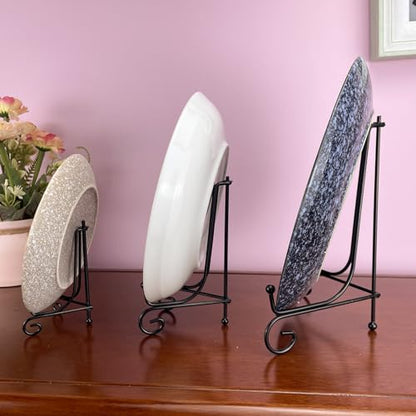 HENABLE 6PCS 3 Size Black Iron Plate Stands for Display - 4, 6, 8 Inch Decorative Metal Plate Holders - Mini Easel, Frame, Book, Card, Plaque, Bowl, Picture Display Stands - size: 6PCS 4 6 8IN