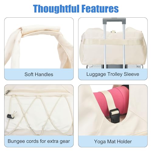 Forestfish Gym Bag For Women With Yoga Mat Holder, Beige | Shoe Compartment, Wet Dry Storage Pocket, Removable Shoulder Strap, Lightweight & Water Resistant - color: Beige