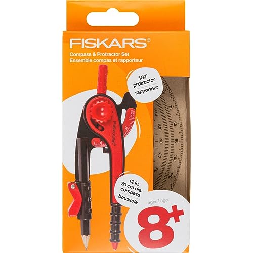 Fiskars 2-Piece Plastic Compass & Protractor Set, Color May Vary | Math Geometry Kit for Kids 8+, Back to School Supplies, Includes Pencil