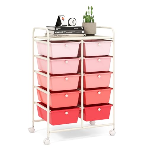 10 Drawer Rolling Cart, Storage Cart Organizer on Wheels, Drawer Cart with Metal Frame & Large Storage Capacity, Rolling Cart with Drawers for Living Room Classroom, Office - color: Gradient Pink, size: 10 Drawer