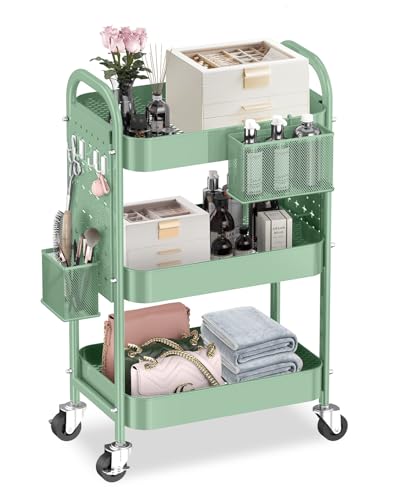 ALVOROG 3 Tier Metal Rolling Utility Cart with Pegboards,Baskets,Hook,Green | More Storage Craft Cart with Pegboards,Lockable Wheels,Hooks & Baskets to Organize Kitchen,Office,Bedroom and DIY Supplies - color: Green