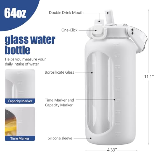 BLUEGO 64oz Glass Water Bottle with Handle and Straw, Motivational Sports Water Bottle with Time Marker and Silicone Sleeve Leakproof Drinking Bottle for Travel Gym Workout, White - color: White, size: 64 Ounces