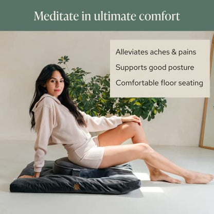 Mindful Modern Meditation Cushion and Zabuton Meditation Mat Bundle - Premium Luxury Velvet Meditation Cushion Set for Yoga - Buckwheat Zafu Floor Pillow and Rectangular Mat - Graphite Grey Color