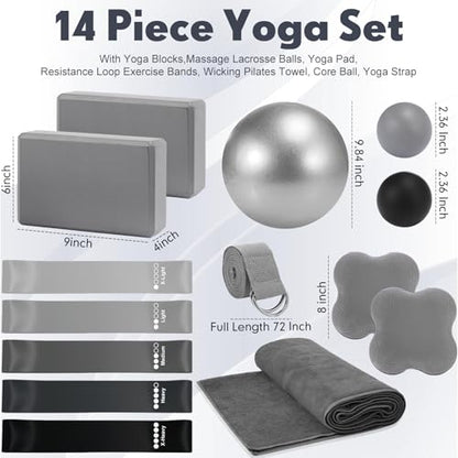 Simgoing 14 Pcs Yoga Kits for Home Workouts Pilates Equipment Set for Women Beginners, Hot Yoga Towel Blocks Strap, Knee Pad, Resistance Loop Exercise Band, Massage Lacrosse Ball, Pilates Ball - color: Gray