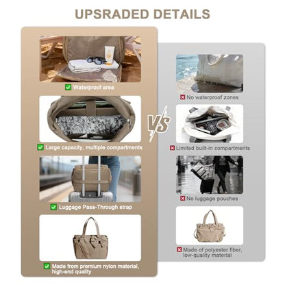 Gosect Women’s Crush Bow Puffer Tote Bag, Water Resistant Laptop Travel Yoga Work Bag - color: Khaki