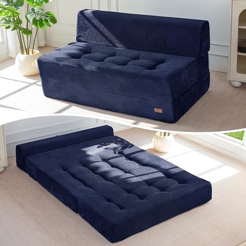 MAXYOYO Folding Sofa Bed, 8-Inch Fold-Out Chair Bed, Single | 2-in-1 Convertible Floor Sofa Couch, High-Density Foam Tufted Lounge Couch for Living Room Bedroom Dorm, Navy - color: Navy, size: Loveseat