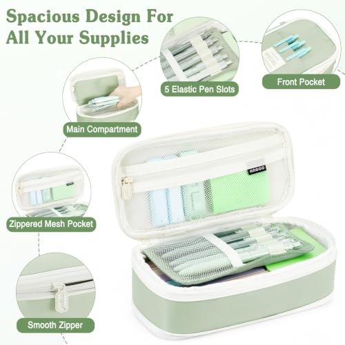 MoKo Pencil Case with Supplies, 49Pcs Aesthetic School Set, Green | Includes gel pens, highlighters, 0.5 mm mechanical pencils and refills, an eraser, sticky notes and index tabs. - color: Green-49P