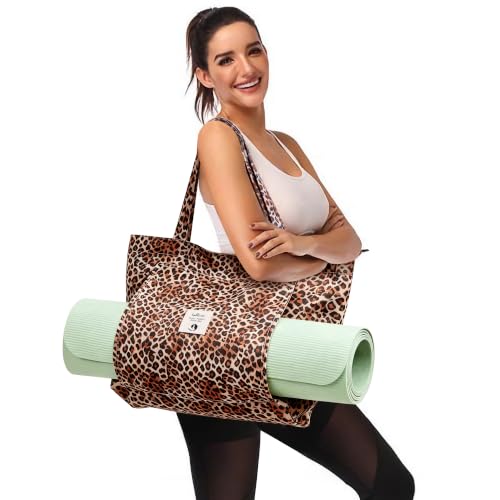 WLLWOO Yoga Mat Carrier Bag for Women Canvas Carryall Tote Gym Pilates | Large Holder Zipper Shoulder for Beach Travel Workout Fitness Office - color: Brown Leopard