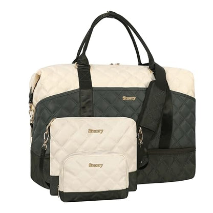 Weekender Bag, Large Travel Duffel Bag for Women, Carry on Overnight Bag with Shoe Compartment and Toiletry Bags - color: F-3PCS Beige Green