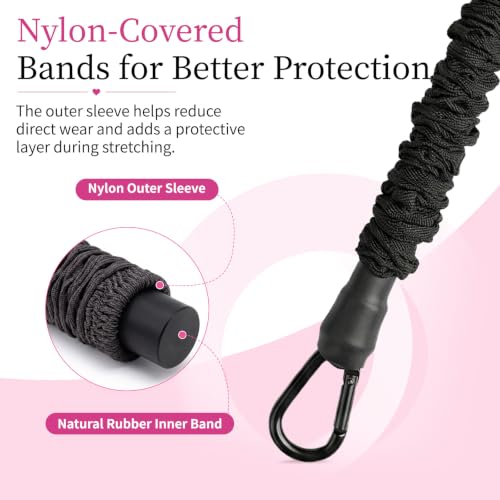 3-Tube Pedal Resistance Band with Handles, 90lbs Peak Resistance | Nylon-covered straps prevent snap injury. Padded pedals & non-slip grips ensure comfortable full body exercises. Beginner gym - color: Black/Pink
