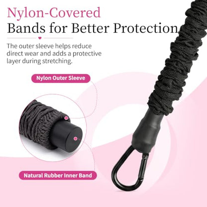 3-Tube Pedal Resistance Band with Handles, 90lbs Peak Resistance | Nylon-covered straps prevent snap injury. Padded pedals & non-slip grips ensure comfortable full body exercises. Beginner gym - color: Black/Pink