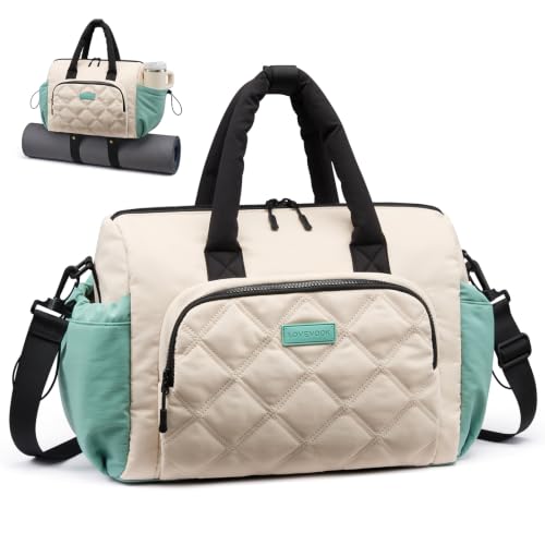 LOVEVOOK Gym Bag for Women with Large Water Bottle Pocket,Green and White | Yoga Mat Holder,Duffle Bag with Wet Pocket,Overnight Bags,Lightweight Carry on Weekender Duffel for Workout Dance Ballet - color: Green and White, size: Medium