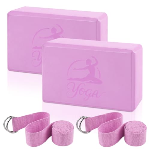 2 Yoga Block and 2 Yoga Strap Set,Non-slip EVA Foam Blocks, High Density Yoga Bricks with 6ft Strap, Supportive Latex-Free Yoga Block Accessories for Pilates - color: Pink B