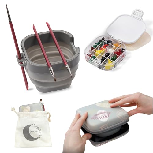 Airtight Watercolor Palette with Lid - Set of 5 Paint Brush Holder Cup with Paint Palette | Acrylic Paint Palette | Paint Brush Cleaner Cup | Painting Accessories | Painting Palette Gifts for Artists - color: Palm Leaf