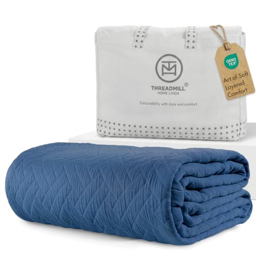 Threadmill Luxury Cotton Blankets for King Size Bed | All-Season Cozy 100% Cotton Blanket | Criss Cross Soft & Lightweight Coverlet fits California King Size Bed, 104x92 | Folkstone Blue - color: Classic Folkstone Blue, size: King / Cal King