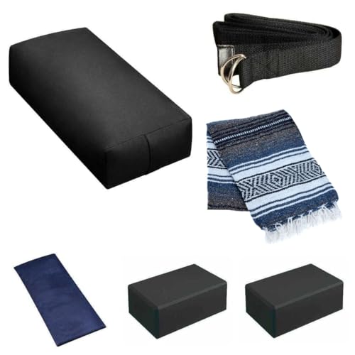 6 Piece Restorative Yoga Kit | Includes 1 Yoga Bolster (24"x12"x6"), 2 Blocks (4"x6"x 9"), 1 6ft D-Ring Strap, 1 Mexican Blanket, 1 Unscented Eye Pillow - color: Black - Option 2