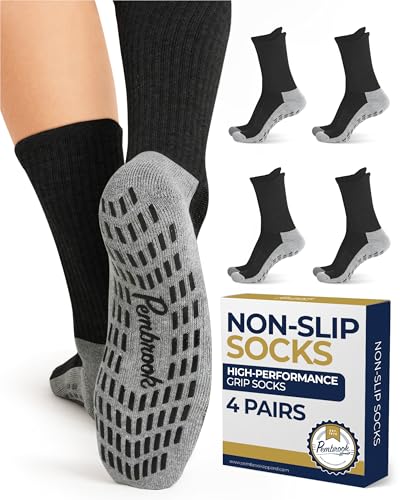 Pembrook Non Slip Crew Grip Socks Men & Women - 4 Pairs | Non Slip Socks for Elderly, Hospital, Pilates, Yoga, Barre, Home - color: Black - 4 Pairs, size: X-Large