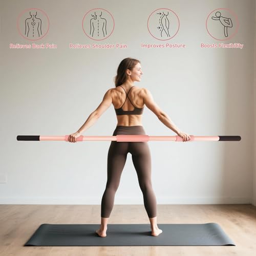 Pink Yoga Stick 58 Inch - Alloy Steel Stretching & Exercise Stick with Neck & Hand Pads, Shoulder Flexibility Tool for Yoga, Pilates & Home Gym Workouts