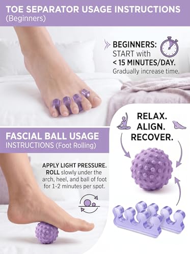 4-Piece Toe Spreaders and Foot Massage Ball Kit | 2-Pair Gel Spacers, 2 Massage Balls, Foot Relaxation, Dancers, Runners, High Heels, Purple - color: Purple