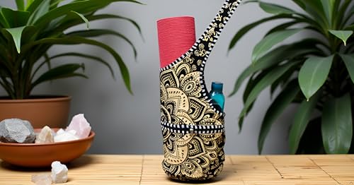 INDIAN CRAFT CASTLE Yoga Mat Bag | Tote Mat Bag | Sling Yoga Tote w/Large Side Pocket & Zipper Pocket | Yoga Mat Carrier Fits Most Size Mats - color: Black Gold