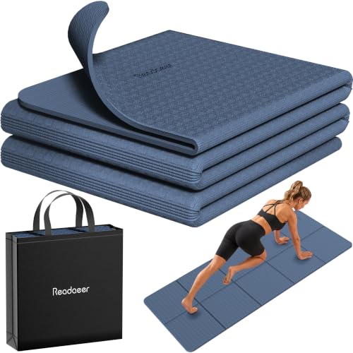 Readaeer Foldable Yoga Mat for Travel Folding Yoga Mat 6mm Thick with Carrying Bag, Non-Slip TPE Exercise Pilates Mat for 72" L x 24" W x 0.24 Inch - color: Blue