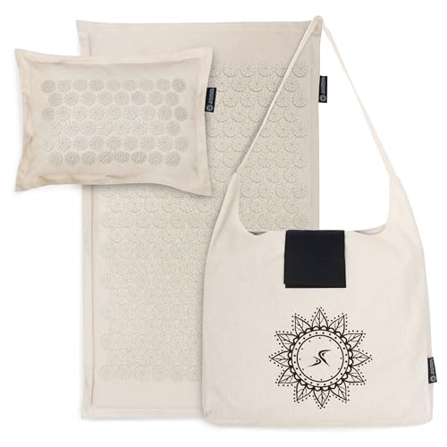 ProsourceFit Ki Acupressure Mat and Pillow Set with 100% Natural Linen for Back/Neck Pain Relief and Muscle Relaxation - color: Sand Dunes