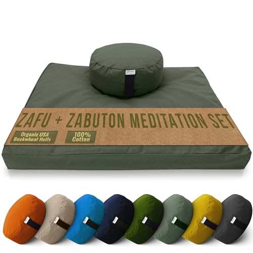 Bean Products Meditation Cushion Mat Set - Zafu Floor Pillow Organic Buckwheat Pillow + Cotton Filled Zabuton Prayer Pad - Meditation Pillow Yoga Knee Pad - Made in USA - 14" Round or 18" Oval - color: Earth - 10oz Cotton Canvas, size: Round Combo