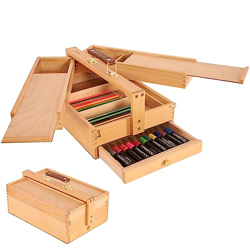 VISWIN Multi-Function Artist Storage Box, Portable Solid Beech Wooden Tool Box with Drawer, Three Layers Art Supplies Storage Box for Paint Brush, Pen, Pastel, Paining Supplies, 13 1/2" x9 1/2"x5" - size: Three Layers