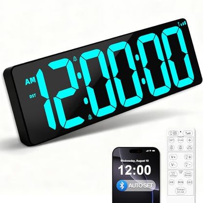 TXL 17.2" Bluetooth Digital Wall Clock with Seconds, Large Countdown Timer for Classroom Home Gym Kitchen Office, Alarm Clock with Remote Control, 4 Dimmable Brightness, Auto DST (Ice Blue) - color: Ice Blue