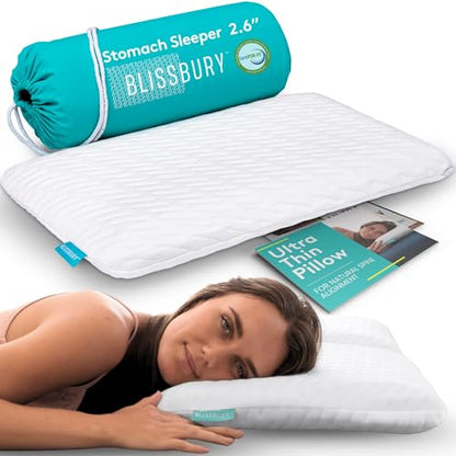 BLISSBURY Stomach Sleeper Pillow, Thin Flat Memory Foam Pillow, 2.6 Inch - color: White, size: 2.6"H (Queen)